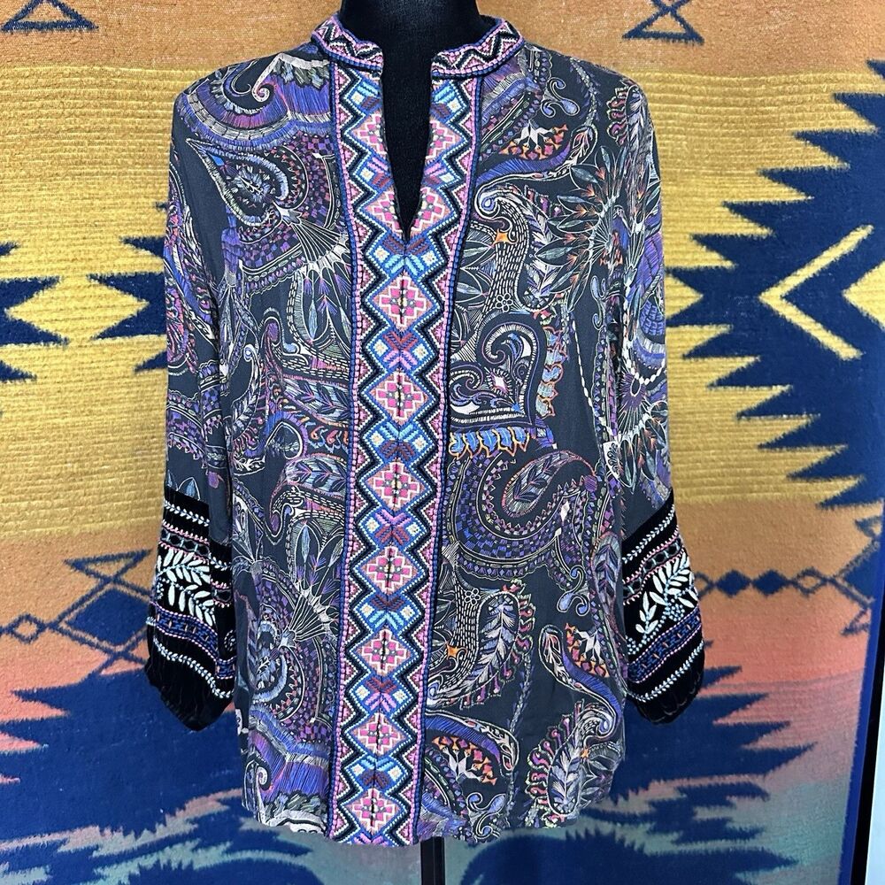 Johnny Was Workshop Velvet Mix Embroidered Bohemian Blouse. XS. Festival.